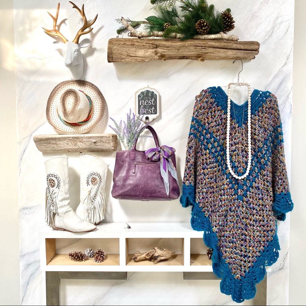 Vintage Multicolor Poncho with Teal Accents